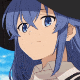 a close up of a girl with blue hair and a hat