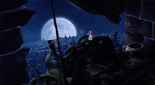 a painting of a city at night with a full moon behind a suitcase