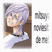 a picture of a man with purple hair and the words mitsuya noviesit de me