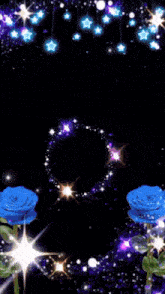 a black background with blue roses and stars and a white circle