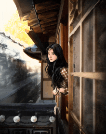 a painting of a woman looking out a window with a roof in the background
