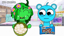 a cartoon character holding a bag of m & ms