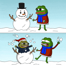 a cartoon of two frogs making a snowman and one frog wearing a santa hat