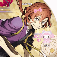 a drawing of a girl with a bow in her hair and the words chuuya 3 and solei below her