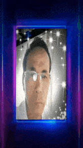 a picture of a man with glasses and a blue frame