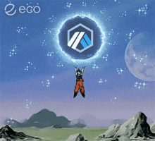 a cartoon character is flying through the air holding a circle with a logo in it