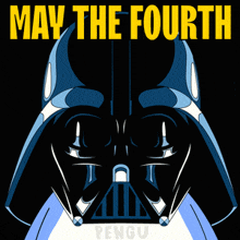 a penguin wearing a darth vader helmet with the words may the fourth written above it