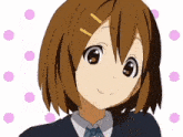 a close up of a brown haired anime girl wearing a school uniform and a tie .