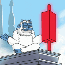 a cartoon of a yeti sitting on a ledge holding a red block