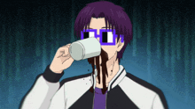 a man with purple hair is drinking from a cup