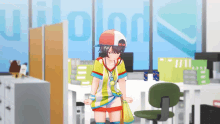 a girl in a baseball cap is standing in front of a sign that says " unlock "