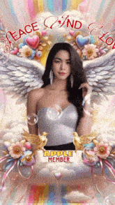 a picture of a woman with angel wings and the words peace and love on it