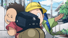 a cartoon of a boy carrying another boy on his back with the time 00 : 00 : 03 : 19 visible