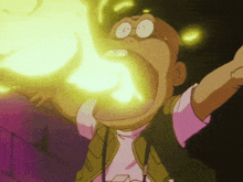 a cartoon character with glasses is holding a glowing object in his hand