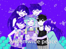 a group of anime characters standing next to each other with the words systemwide peace written on the bottom