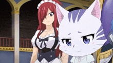 a maid and a cat are standing next to each other in a room