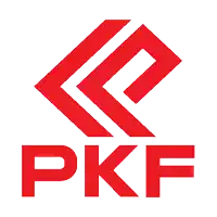 a logo for pkf with a red arrow pointing to the right