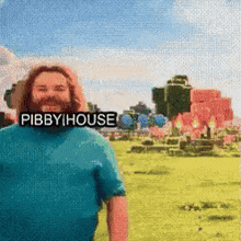 a man with a beard is standing in a field with the words " pibby house " behind him