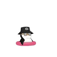 a cartoon penguin wearing a black hat and glasses is floating on a pink float .