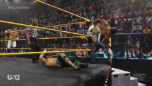 two men are wrestling in a ring with the letters usa on the bottom