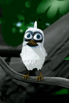 a cartoon bird with big blue eyes is standing on a tree branch