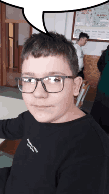 a boy wearing glasses has a speech bubble above his head that says " i 'm a wolf "