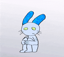 a drawing of a white rabbit with blue ears and yellow eyes