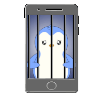 a cartoon penguin is behind bars on a cell phone