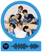 a blue circle with a picture of a group of young men and a spotify code