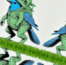a frog with a blue bird on its back is walking on a branch