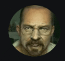 a close up of a man 's face with glasses and a mustache .