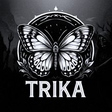 a black and white image of a butterfly with the name trika underneath it