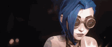 a cartoon character with blue hair and goggles looks at the camera