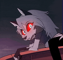 a cartoon drawing of a wolf with red eyes and fangs