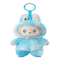 a stuffed animal in a blue monster costume with a tag that says the monster