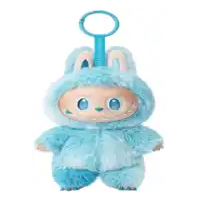 a stuffed animal in a blue monster costume with a tag that says the monster