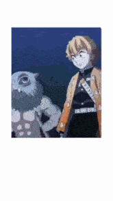 a man and an owl are standing next to each other .