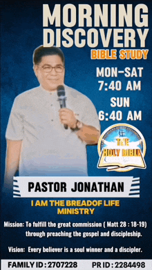 a poster for morning discovery bible study with pastor jonathan on it
