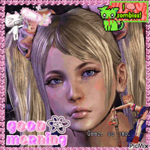 a picture of a girl with the words " good morning " on it