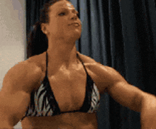a woman in a bikini is standing in front of a blue curtain .