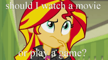 mlp sunset shimmer should i watch a movie or play a game what to do