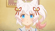 a cartoon girl with white hair and blue eyes is looking at the camera