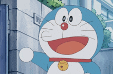 a cartoon character with a bell around his neck is smiling and waving