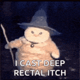 a cat is wearing a wizard hat and holding a stick and says i cast deep rectal itch