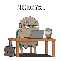 a cartoon of a sloth sitting at a desk with a laptop and a cup of coffee and the words mondays