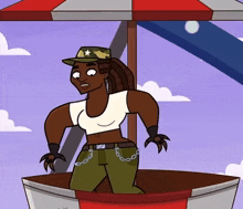 a cartoon character wearing a hat with a star on it is standing under an umbrella