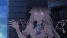 a girl with purple eyes is standing in a dark room
