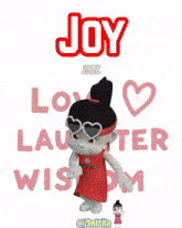 a cartoon girl is standing in front of a sign that says joy