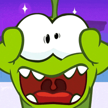 a green cartoon character with a purple background and a red mouth