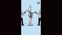 a cartoon of a girl with a cat on her head holding a bat and a gun